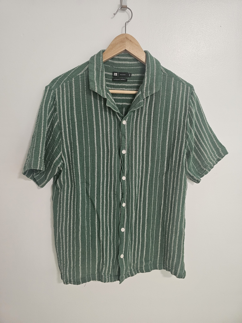 Simons Le 31 Green Striped Short-Sleeve 100% Cotton Button Shirt Size Small